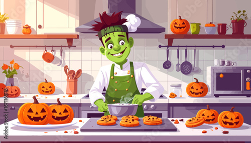 A friendly green monster chef joyfully baking spooky Halloween pumpkin cookies in a festive kitchen