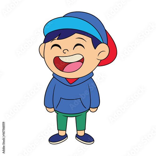 cute cartoon boy laughing happily wearing a hoodie and cap
