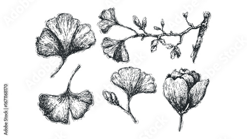 Ginkgo leaves and buds on branches hand-drawn sketch. Vector hand drawn illustration