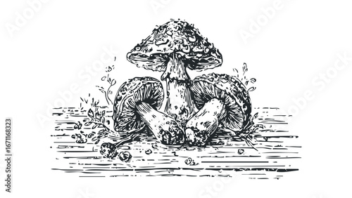 Three Wild Mushrooms with Foliage in Black and White Sketch Style. Vector hand drawn illustration