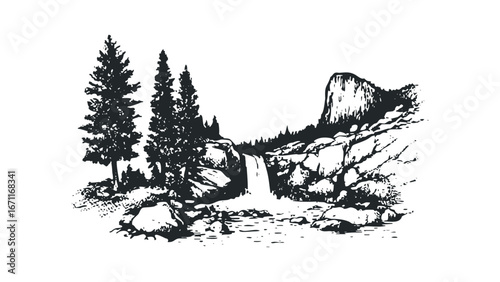 Monochromatic sketch of a rocky cliff with trees and a waterfall. Vector hand drawn illustration