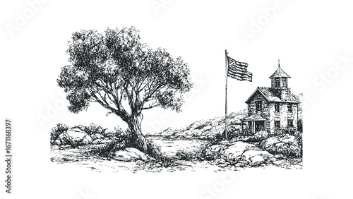Pen and ink drawing of a stone building with a flag and a large tree by a body of water. Vector hand drawn illustration