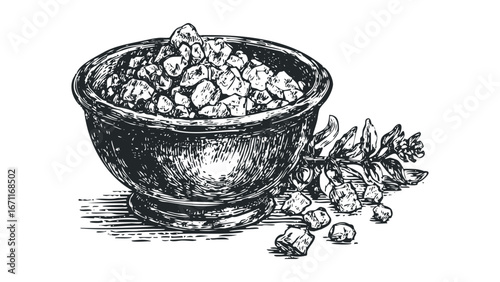 Woodcut style illustration of a bowl filled with crushed frankincense resin and sprigs. Vector hand drawn illustration