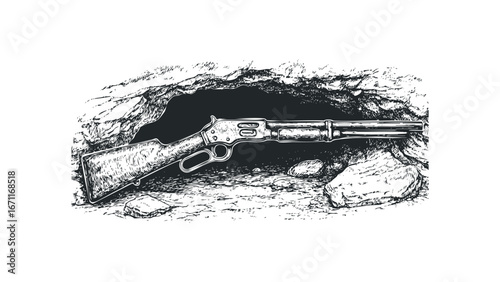 Lever-action rifle rests in a rocky cave entrance in a detailed sketch. Vector hand drawn illustration