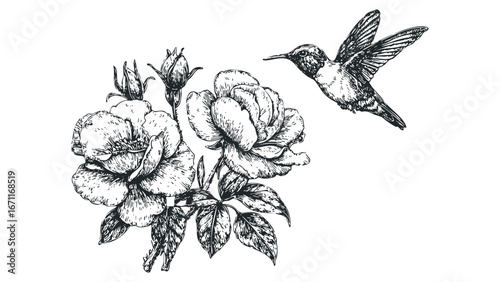 Sketch of a hummingbird feeding on roses. Vector hand drawn illustration
