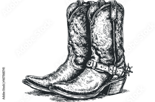 Engraved Cowboy Boots with Spurs and Strap. Vector hand drawn illustration