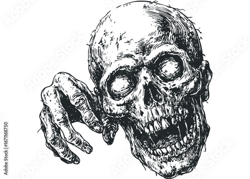 Monstrous Skull with Reaching Hand in Linocut Style. Vector hand drawn illustration