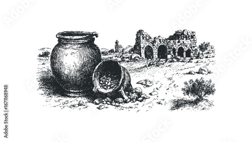 Ancient pottery vessels rest near stone ruins under a pale sky. Vector hand drawn illustration