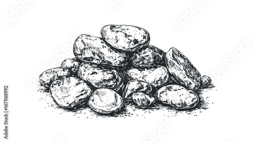 Black and white sketch of a pile of textured stones. Vector hand drawn illustration