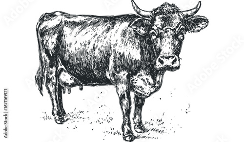 Detailed ink sketch of a cow standing in grassy field. Vector hand drawn illustration