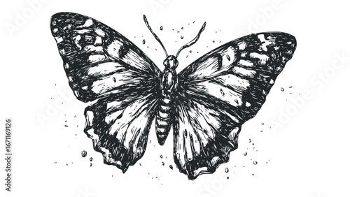 Detailed ink sketch of a large butterfly with intricate wing patterns. Vector hand drawn illustration