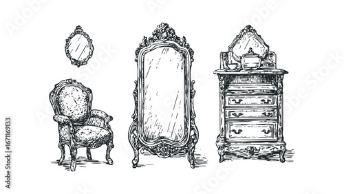 Vintage Armchair, Tall Mirror, and Ornate Dresser with Accessories in Sketch Style. Vector hand drawn illustration