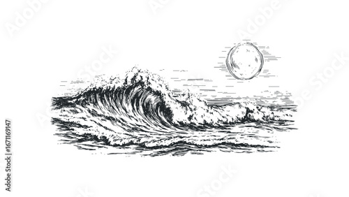 Stormy Ocean Wave with Full Moon Illustration in Vintage Style. Vector hand drawn illustration