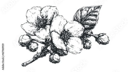 Detailed Ink Sketch of Jasmine Flowers with Buds and Leaf. Vector hand drawn illustration