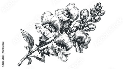 Hand Drawn Sketch of Blooming Sweet Pea Flowers on Stem with Leaves. Vector hand drawn illustration