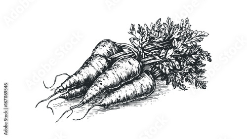 Hand Drawn Sketch of Fresh Carrots with Greens Tied Together. Vector hand drawn illustration