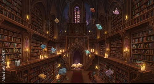 Library with Floating Books and Candles