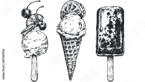 Sketch of three frozen desserts including a cherry-topped ice cream, a double-scoop cone, and a chocolate-covered popsicle. Vector hand drawn illustration