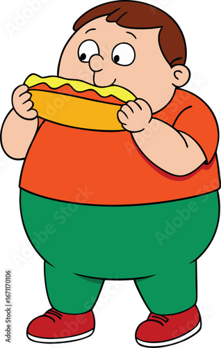 cute boy cartoon character eating a hot dog