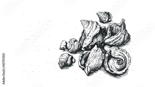 Group of Assorted Seashells Hand Drawn Sketch on White Background. Vector hand drawn illustration