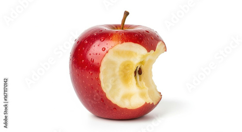 A partially eaten fresh red apple showing bite marks on a white background