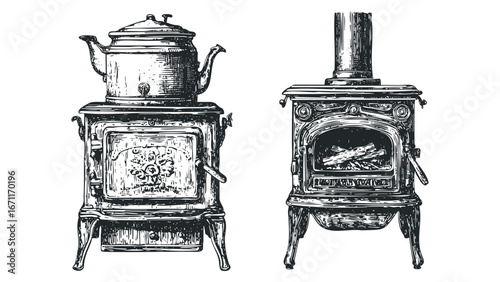 Vintage ornate wood burning stove with kettle and visible fire. Vector hand drawn illustration
