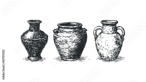 Three antique pottery vessels with textured surfaces displayed in a row. Vector hand drawn illustration