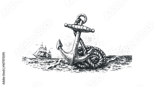Nautical Anchor and Sailing Ships on a Wavy Sea. Vector hand drawn illustration