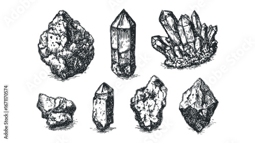 Collection of hand-drawn crystalline mineral forms and raw geological specimens. Vector hand drawn illustration