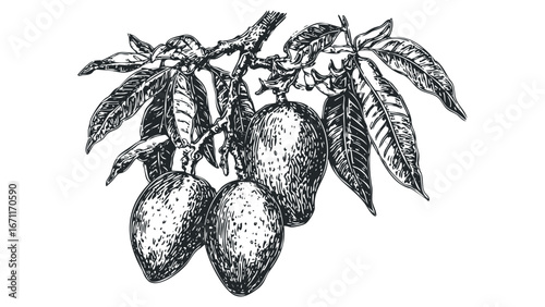 Detailed ink drawing of ripe mangoes hanging from a branch with leaves. Vector hand drawn illustration