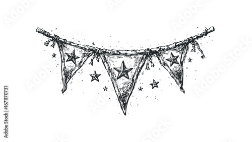 Hand Drawn Bunting Flags with Stars Hanging on a Twine String. Vector hand drawn illustration