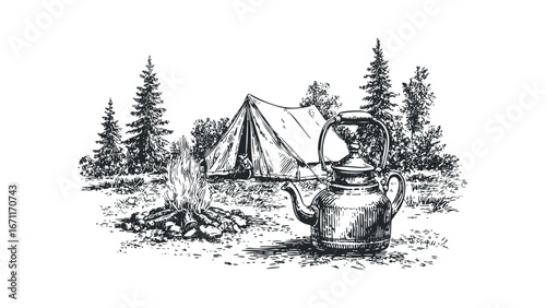 Campfire scene with a kettle and tent in a wooded area. Vector hand drawn illustration