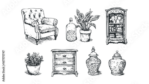 Hand Drawn Collection of Antique Furniture and Decorative Objects. Vector hand drawn illustration