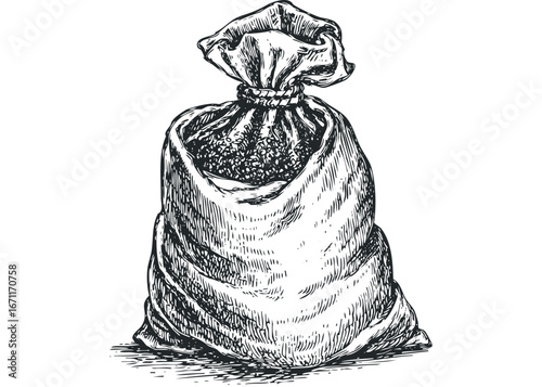 Full burlap sack brimming with tiny flower blossoms tied at the top. Vector hand drawn illustration