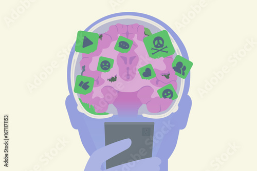 Human brain is got stabbed with content icons, in hand is a smartphone. Brain rot from addicted social media and bad content. Scroll through the feed, Loss concentration, Addict.
