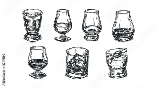 Collection of Diverse Whiskey Glassware with Liquid and Ice. Vector hand drawn illustration