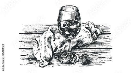 Sketch of a glass of red wine with a napkin and a small fruit on a wooden surface. Vector hand drawn illustration