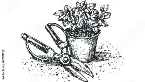 Vintage-style illustration of garden shears and potted basil plant. Vector hand drawn illustration