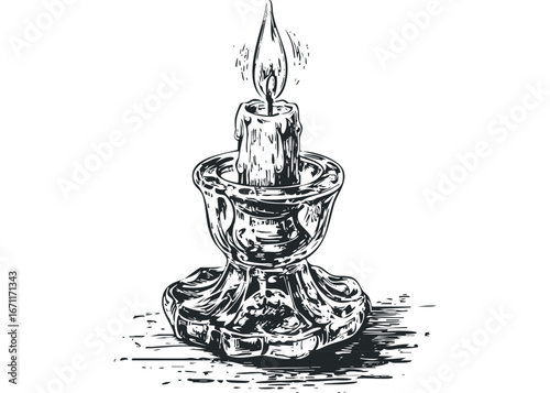 Antique candlestick holding a lit candle with dripping wax. Vector hand drawn illustration