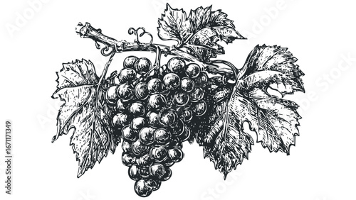 Hand-drawn vine with ripe grapes and textured leaves. Vector hand drawn illustration