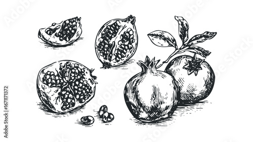 Hand Drawn Sketch of Pomegranates and Seeds on White Background. Vector hand drawn illustration