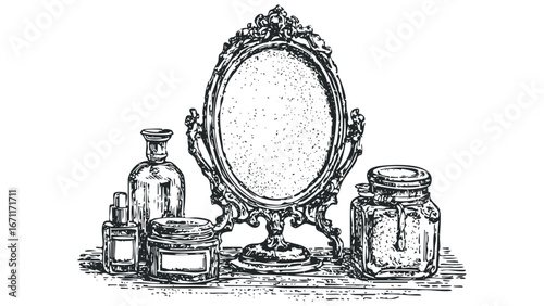 Vintage vanity set with ornate mirror and glass containers on a surface. Vector hand drawn illustration
