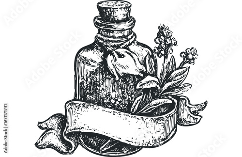 Antique Apothecary Bottle with Floral Accents and Ribbon. Vector hand drawn illustration