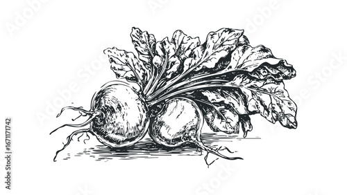 Black and white sketch of fresh beets with leafy green tops and roots. Vector hand drawn illustration