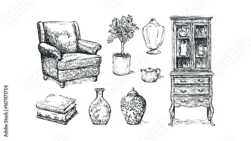 Sketch of vintage furniture and decorative objects on white background. Vector hand drawn illustration