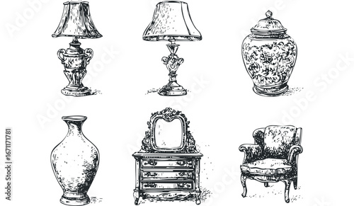 Antique Furniture Collection Sketch with Lamps, Vase, Dresser, and Armchair. Vector hand drawn illustration