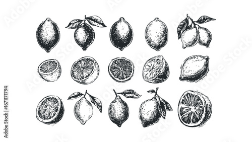 Hand Drawn Lemons and Slices with Leaves in Black and White Sketch Style. Vector hand drawn illustration
