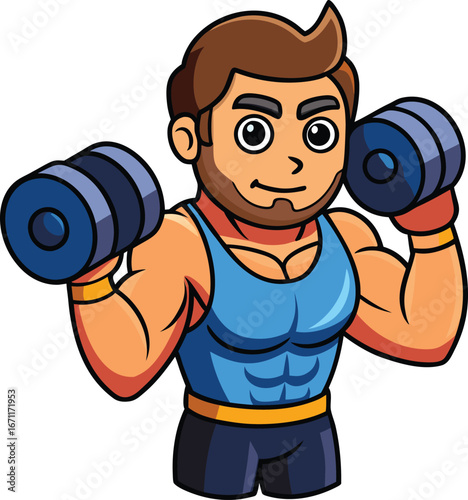 athletic cartoon man lifting dumbbells vector art
