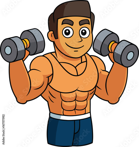 cartoon muscular man holding dumbbells illustration