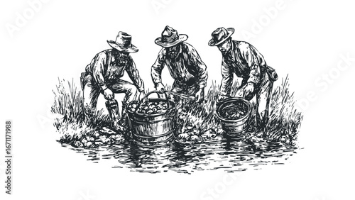 Men panning for gold in a river during a historical era. Vector hand drawn illustration